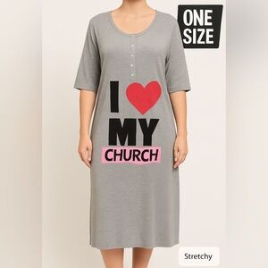 Cocoom Nightgown/Shirt Gray I Love My Church 3/4 Sleeves One Size NWOT
